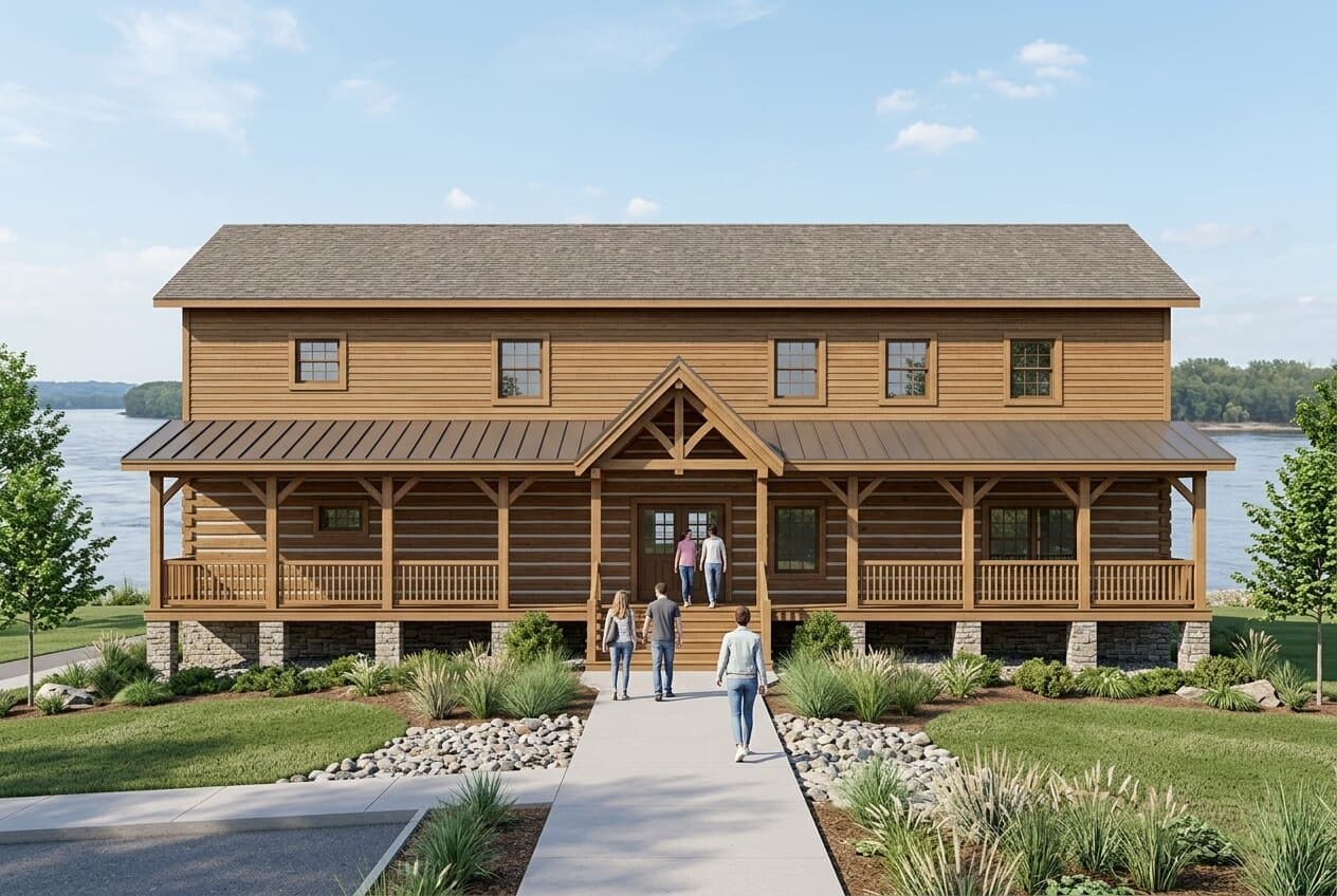 Artist's watercolor concept of the finished Welcome Center/Living History Center on the Mississippi riverfront