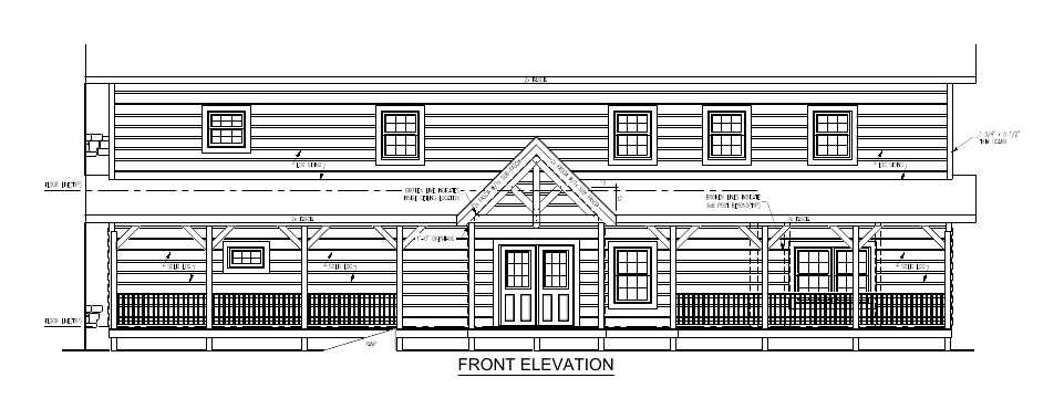 Preliminary front elevation drawing of the new Welcome Center/Living History Center, a two-story log building with a full covered porch