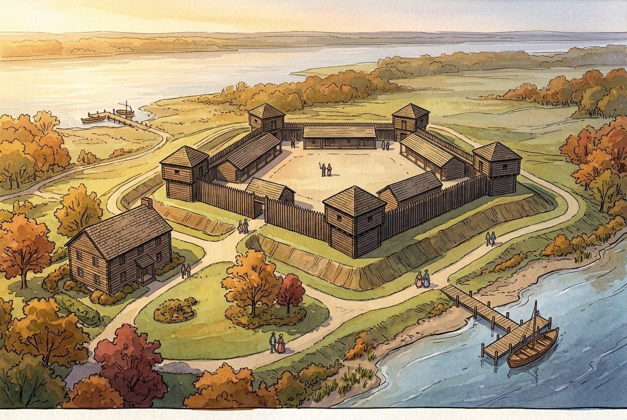 Artist's watercolor concept of the rebuilt Old Fort Madison: a five-cornered timber palisade with corner blockhouses, the new log Welcome Center/Living History Center, and the Mississippi riverfront