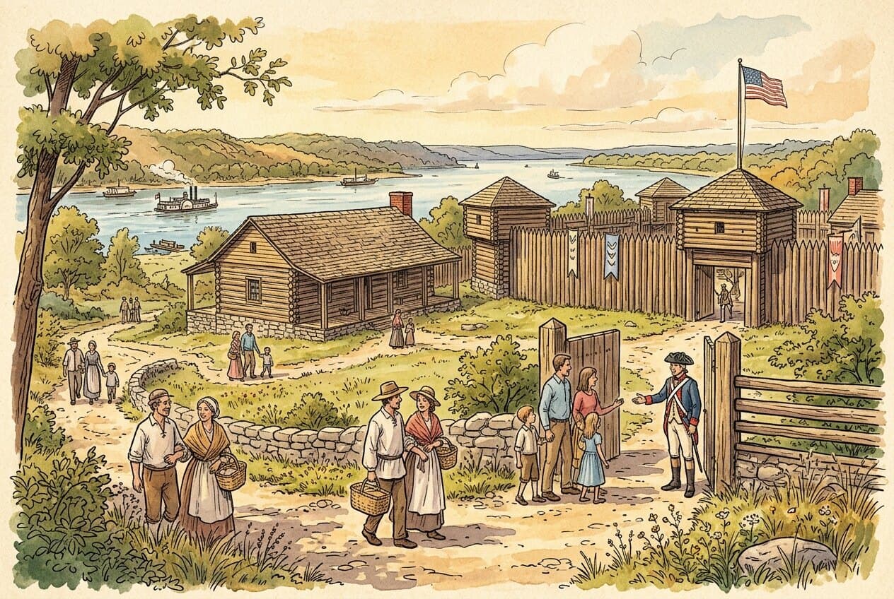 Artist's watercolor concept of families arriving at the finished Old Fort Madison on the Mississippi riverfront, greeted by a costumed interpreter
